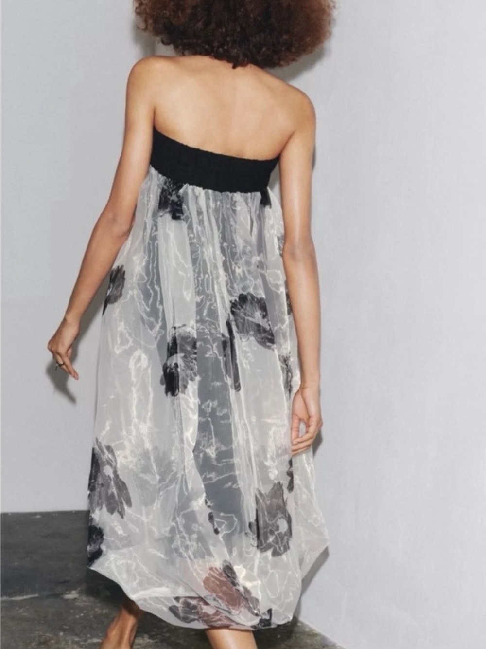 NWT Zara Organza Cream & Black Floral Strapless dress sz S - Picture 2 of 8